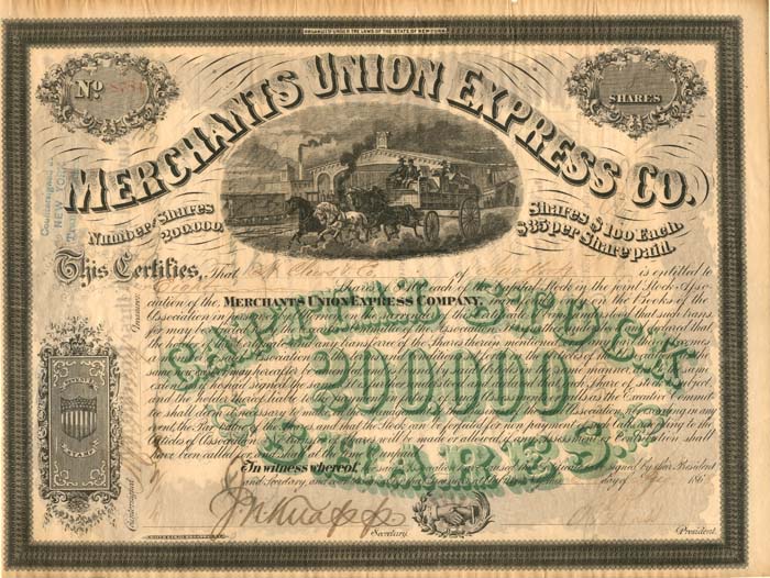 Merchants Union Express Co. Issued to H. Clews and Co. - Stock Certificate